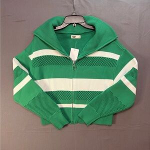SO Goods For Life Cropped Sweater Ribbed Knit XL Green & White Striped